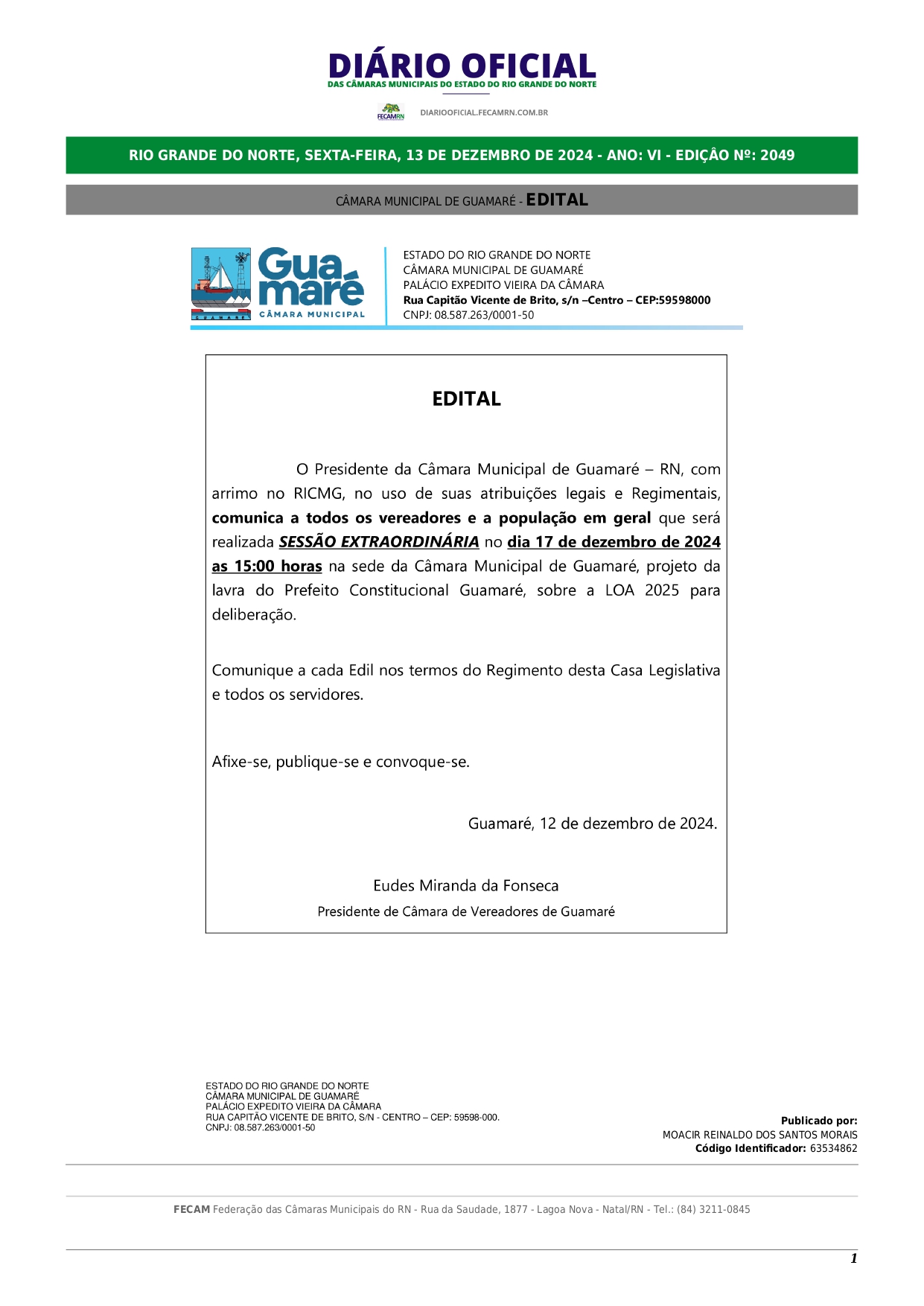 Sessão Extraordinária para deliberação da LOA 2025 nesta terça-feira, 17