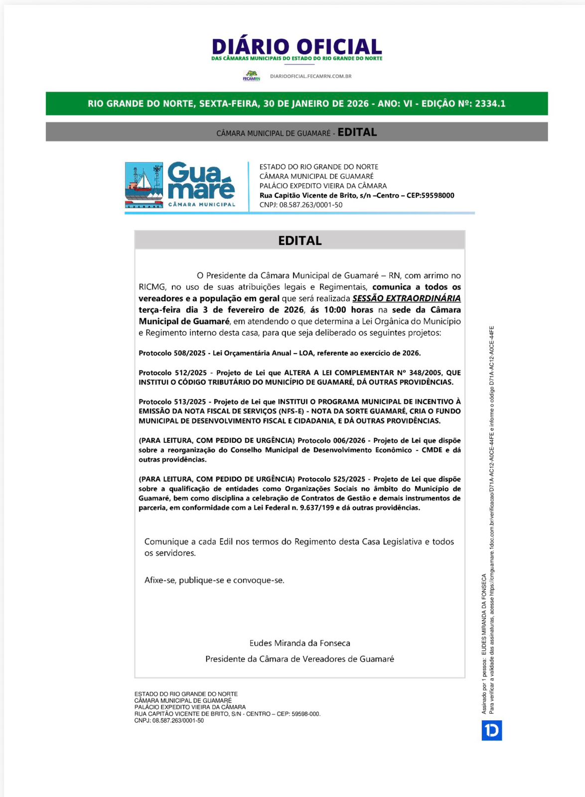Câmara de Guamaré convoca Sessão Extraordinária para apreciação da LOA 2026 e projetos estratégicos