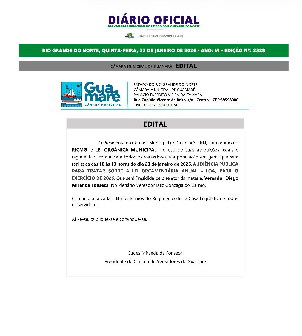 Câmara de Guamaré realiza Audiência Pública para debater a Lei Orçamentária (LOA) 2026 nesta sexta-feira (27)